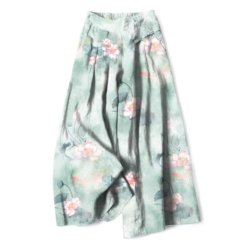 Buddha Stones Pantalon large à taille élastique et poches pour femme, en coton et lin, motif floral aquarelle feuilles de lotus - Bleu vert - US16，UK/AU20，EU48 (3XL) - image 0