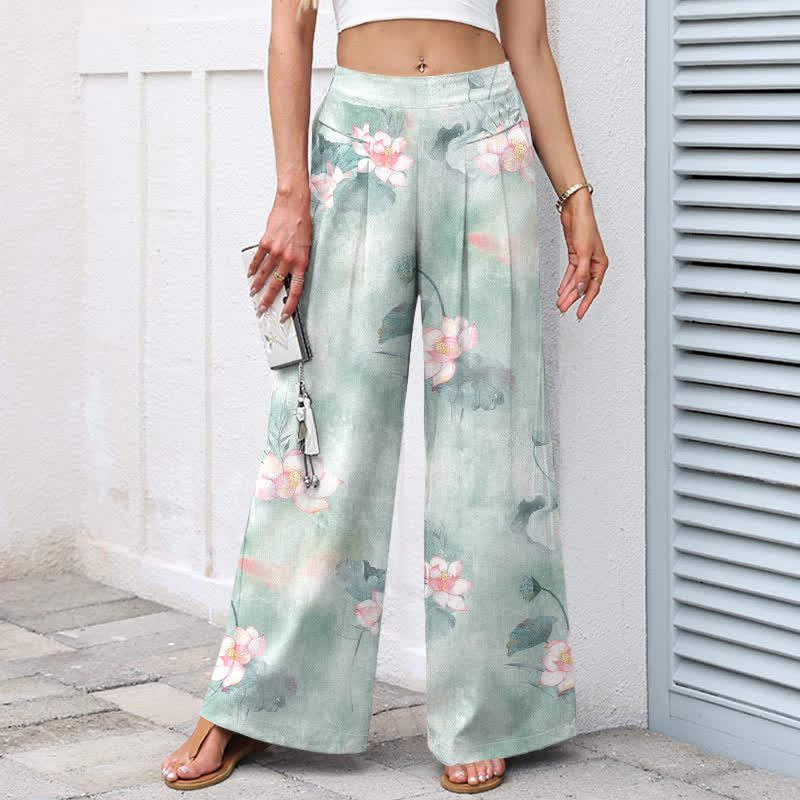 Buddha Stones Pantalon large à taille élastique et poches pour femme, en coton et lin, motif floral aquarelle feuilles de lotus - image 1