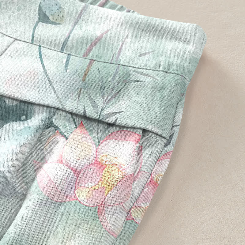 Buddha Stones Pantalon large à taille élastique et poches pour femme, en coton et lin, motif floral aquarelle feuilles de lotus - image 2
