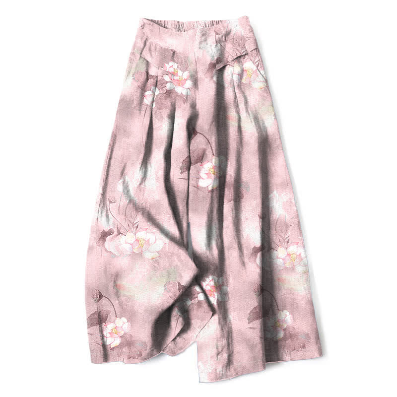 Buddha Stones Pantalon large à taille élastique et poches pour femme, en coton et lin, motif floral aquarelle feuilles de lotus - Rose clair - US16，UK/AU20，EU48 (3XL) - image 4