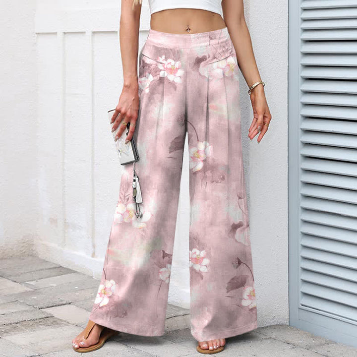 Buddha Stones Pantalon large à taille élastique et poches pour femme, en coton et lin, motif floral aquarelle feuilles de lotus - image 5