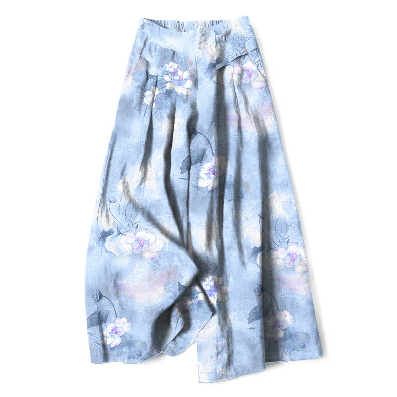 Buddha Stones Pantalon large à taille élastique et poches pour femme, en coton et lin, motif floral aquarelle feuilles de lotus - Bleu clair - US16，UK/AU20，EU48 (3XL) - image 6