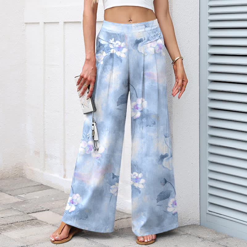 Buddha Stones Pantalon large à taille élastique et poches pour femme, en coton et lin, motif floral aquarelle feuilles de lotus - image 7