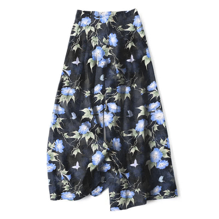 Buddha Stones Pantalon large à taille élastique et poches pour femme, en coton et lin bleu à motif floral et feuilles. - Bleuet - US16，UK/AU20，EU48 (3XL) - image 0