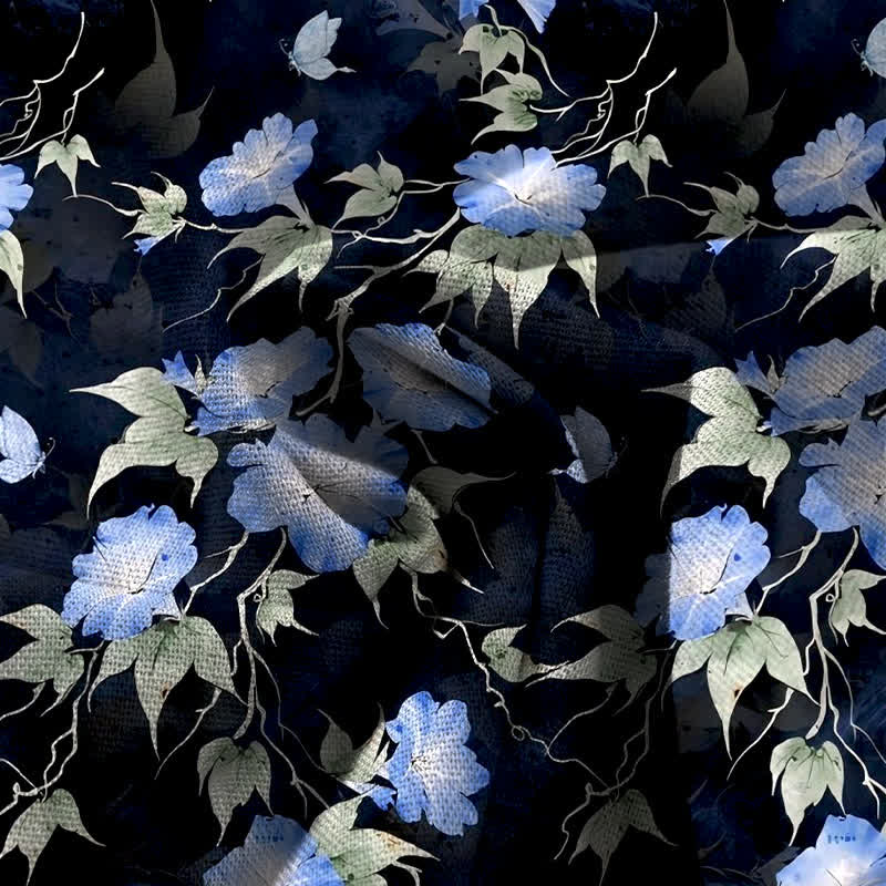 Buddha Stones Pantalon large à taille élastique et poches pour femme, en coton et lin bleu à motif floral et feuilles. - image 3