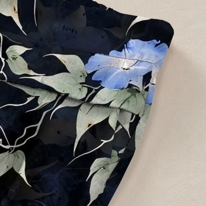 Buddha Stones Pantalon large à taille élastique et poches pour femme, en coton et lin bleu à motif floral et feuilles. - image 2