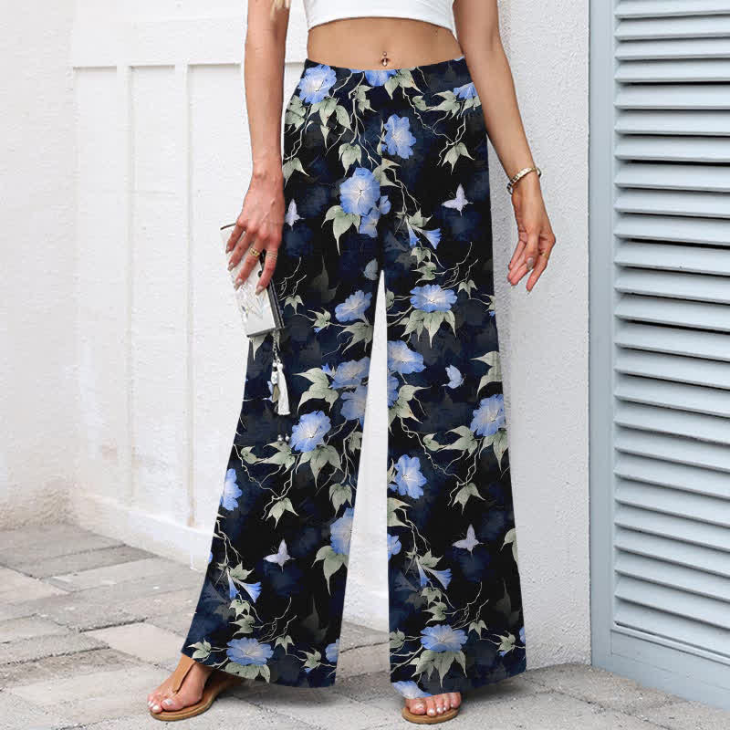 Buddha Stones Pantalon large à taille élastique et poches pour femme, en coton et lin bleu à motif floral et feuilles. - image 1