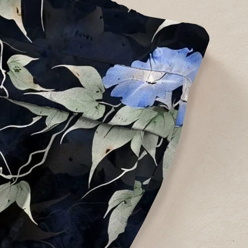 Buddha Stones Pantalon large à taille élastique et poches pour femme, en coton et lin bleu à motif floral et feuilles. - image 2