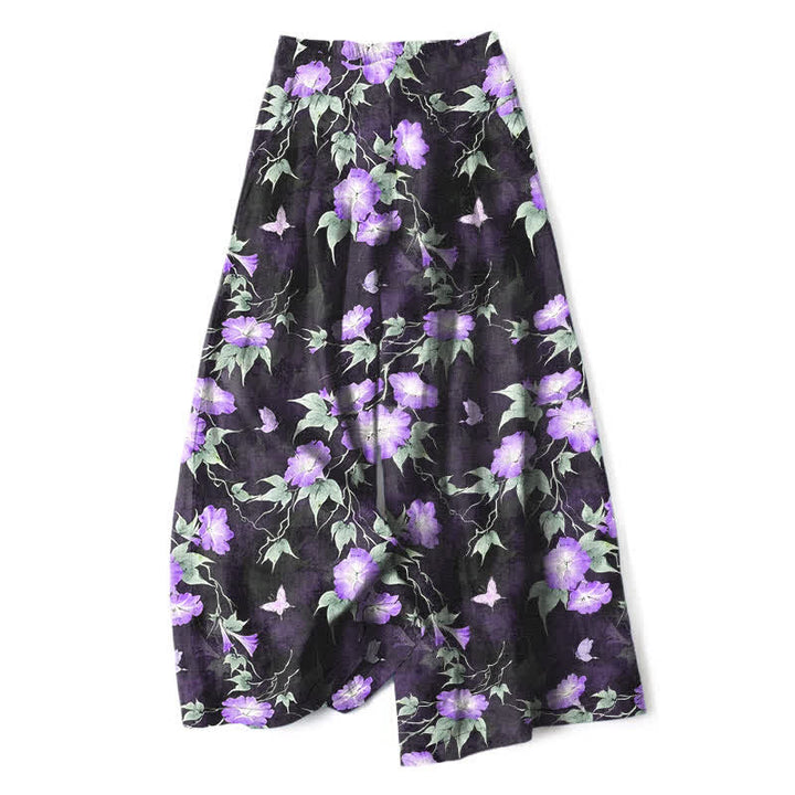 Buddha Stones Pantalon large à taille élastique et poches pour femme, en coton et lin bleu à motif floral et feuilles. - Orchidée moyenne - US16，UK/AU20，EU48 (3XL) - image 4