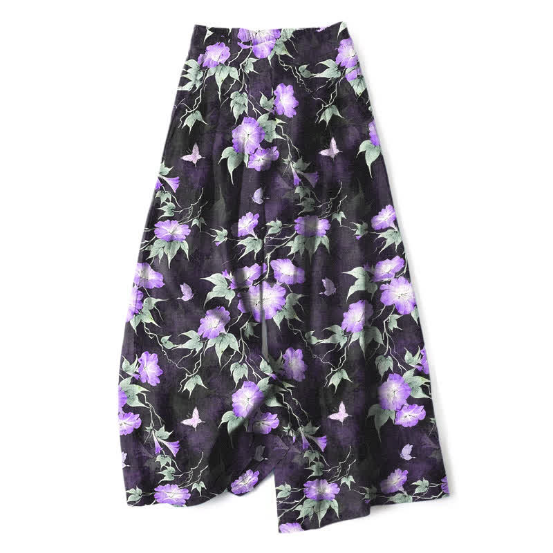 Buddha Stones Pantalon large à taille élastique et poches pour femme, en coton et lin bleu à motif floral et feuilles. - Orchidée moyenne - US16，UK/AU20，EU48 (3XL) - image 4