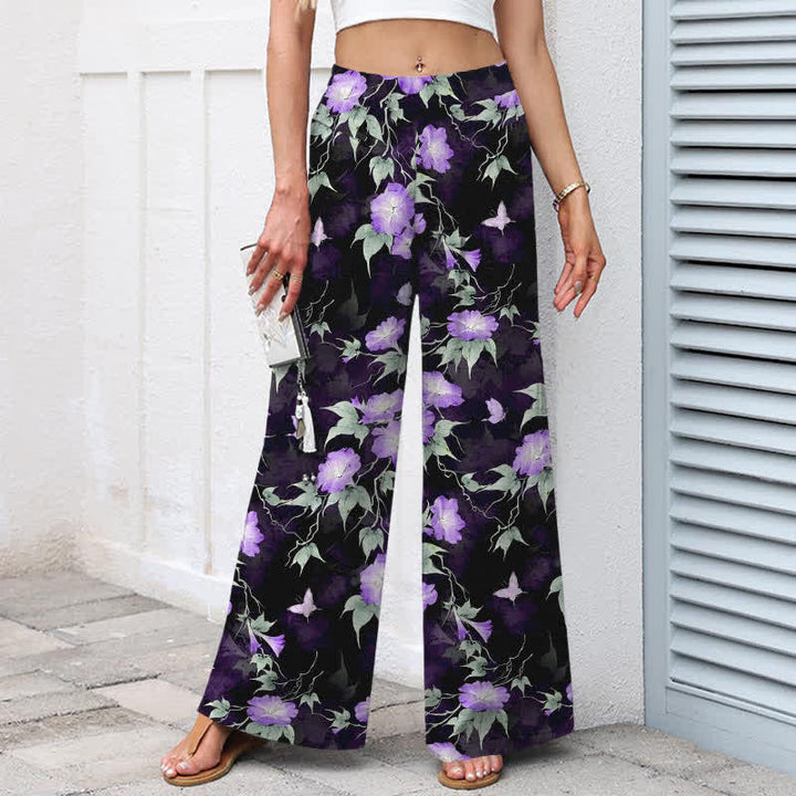 Buddha Stones Pantalon large à taille élastique et poches pour femme, en coton et lin bleu à motif floral et feuilles. - image 5