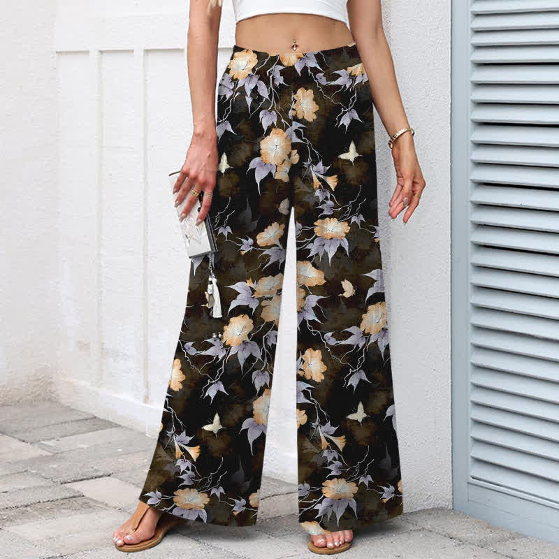 Buddha Stones Pantalon large à taille élastique et poches pour femme, en coton et lin bleu à motif floral et feuilles. - image 7