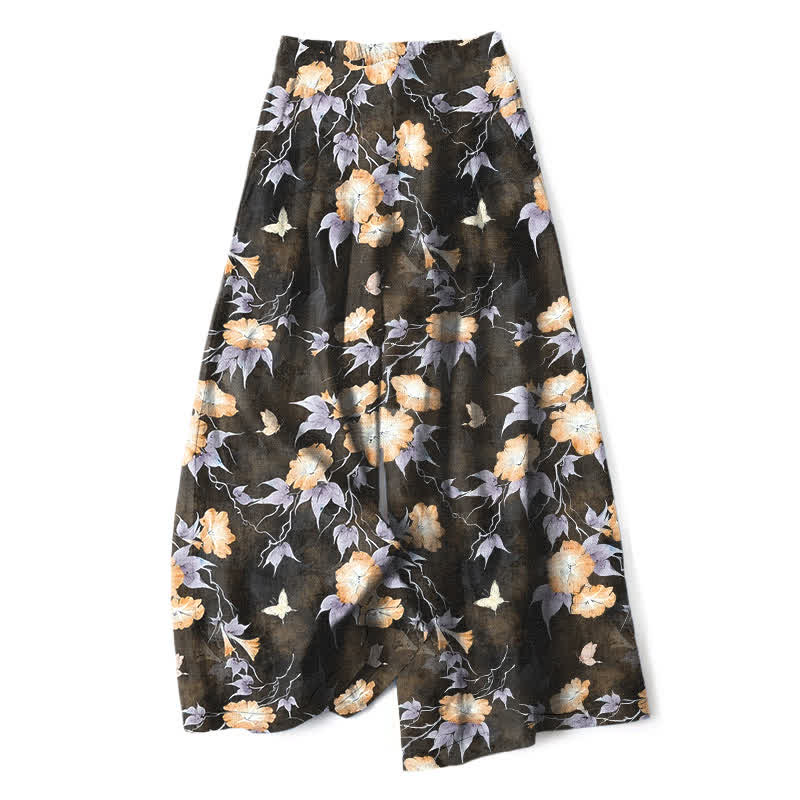 Buddha Stones Pantalon large à taille élastique et poches pour femme, en coton et lin bleu à motif floral et feuilles. - verge d'or - US16，UK/AU20，EU48 (3XL) - image 6