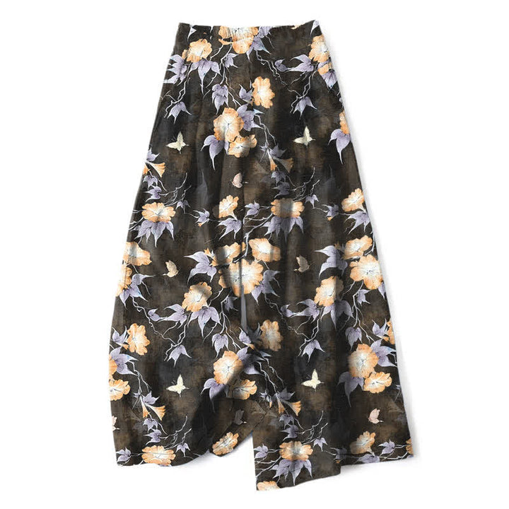 Buddha Stones Pantalon large à taille élastique et poches pour femme, en coton et lin bleu à motif floral et feuilles. - verge d'or - US16，UK/AU20，EU48 (3XL) - image 6
