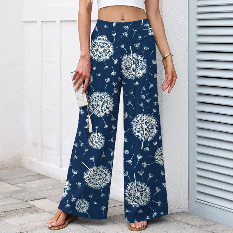 Buddha Stones Pantalon large à taille élastique et poches pour femme, en coton et lin blanc à motif pissenlit - image 1