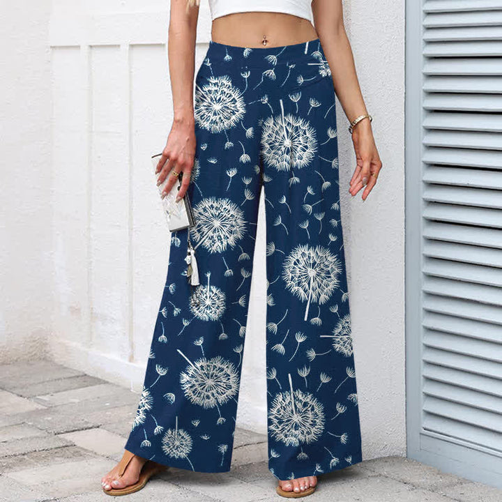 Buddha Stones Pantalon large à taille élastique et poches pour femme, en coton et lin blanc à motif pissenlit - image 1