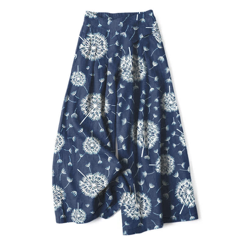 Buddha Stones Pantalon large à taille élastique et poches pour femme, en coton et lin blanc à motif pissenlit - Marine - US16，UK/AU20，EU48 (3XL) - image 0