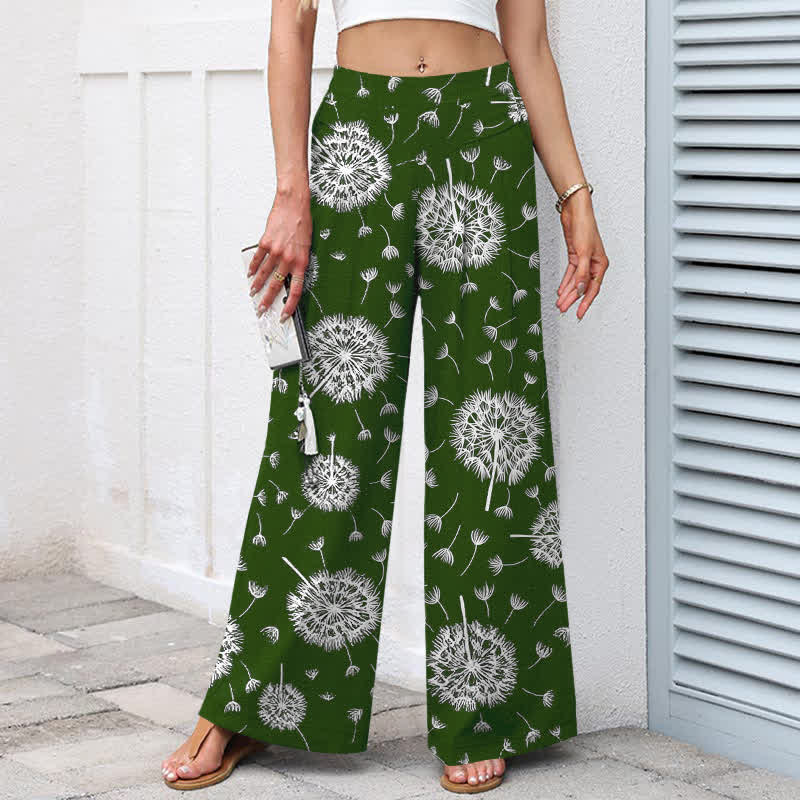 Buddha Stones Pantalon large à taille élastique et poches pour femme, en coton et lin blanc à motif pissenlit - image 5