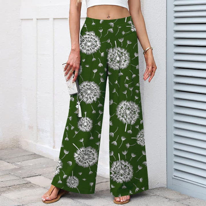 Buddha Stones Pantalon large à taille élastique et poches pour femme, en coton et lin blanc à motif pissenlit - image 5