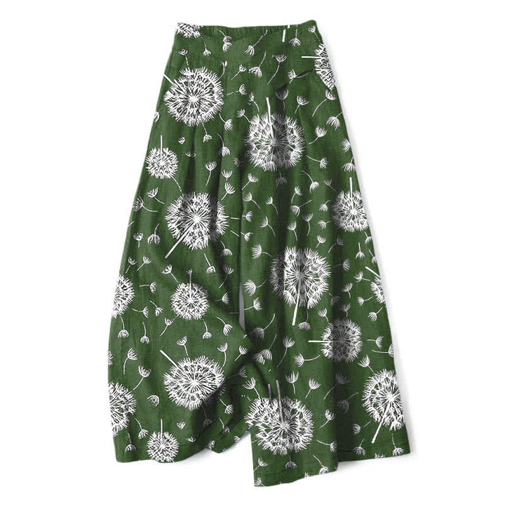 Buddha Stones Pantalon large à taille élastique et poches pour femme, en coton et lin blanc à motif pissenlit - Vert forêt - US16，UK/AU20，EU48 (3XL) - image 4