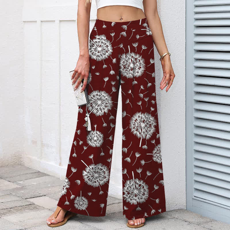 Buddha Stones Pantalon large à taille élastique et poches pour femme, en coton et lin blanc à motif pissenlit - image 7