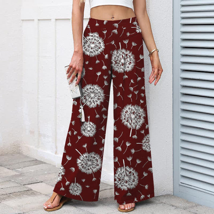 Buddha Stones Pantalon large à taille élastique et poches pour femme, en coton et lin blanc à motif pissenlit - image 7
