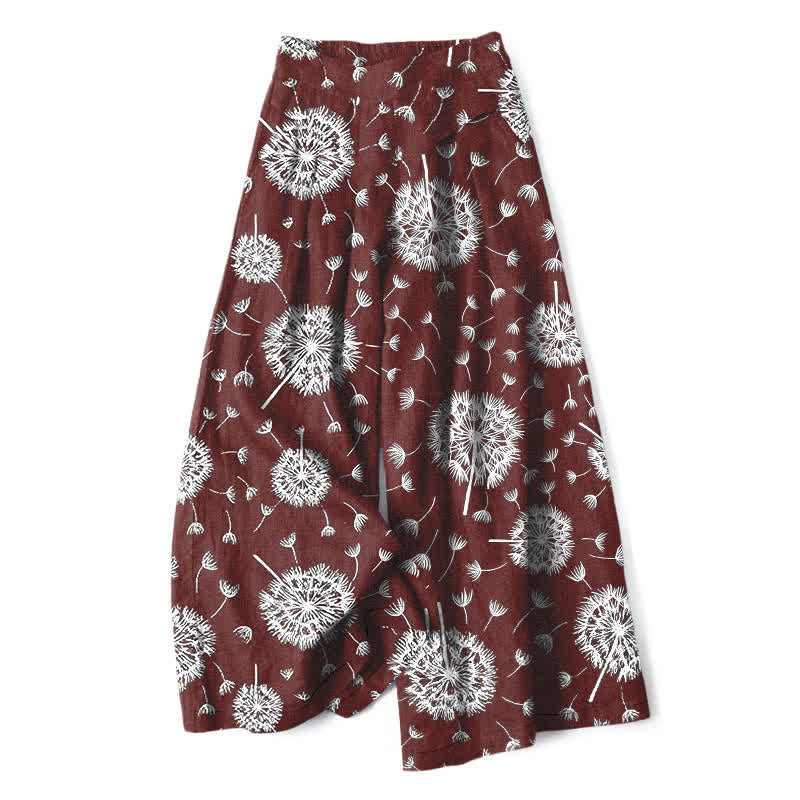 Buddha Stones Pantalon large à taille élastique et poches pour femme, en coton et lin blanc à motif pissenlit - Bordeaux - US16，UK/AU20，EU48 (3XL) - image 6