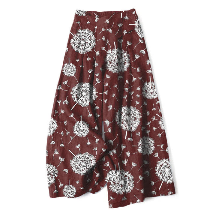 Buddha Stones Pantalon large à taille élastique et poches pour femme, en coton et lin blanc à motif pissenlit - Bordeaux - US16，UK/AU20，EU48 (3XL) - image 6