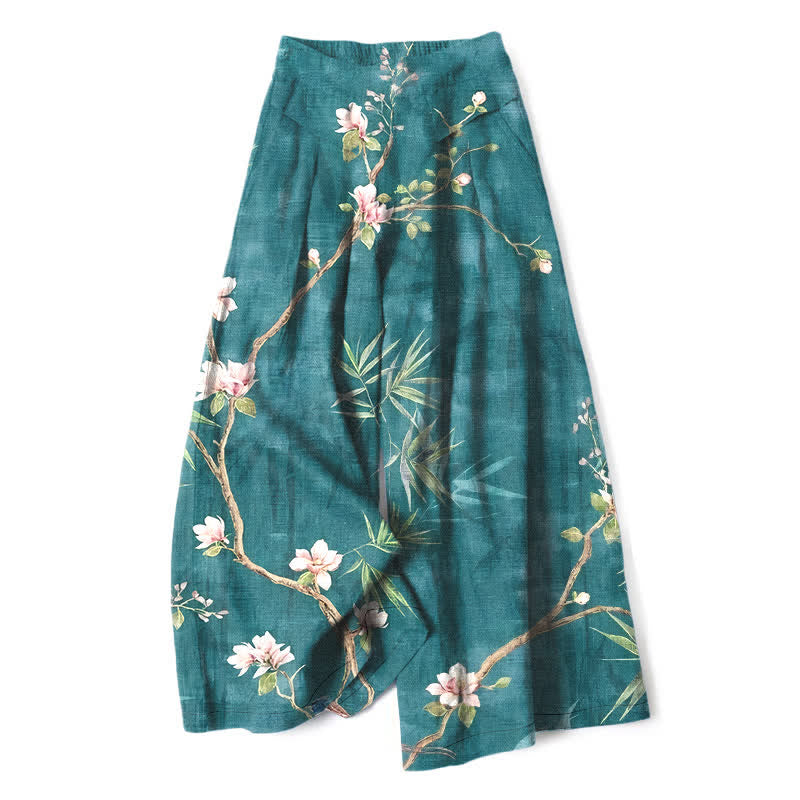 Buddha Stones Pantalon large pour femme en coton et lin, motif floral oriental rose clair, taille élastique et poches - Sarcelle - US16，UK/AU20，EU48 (3XL) - image 0