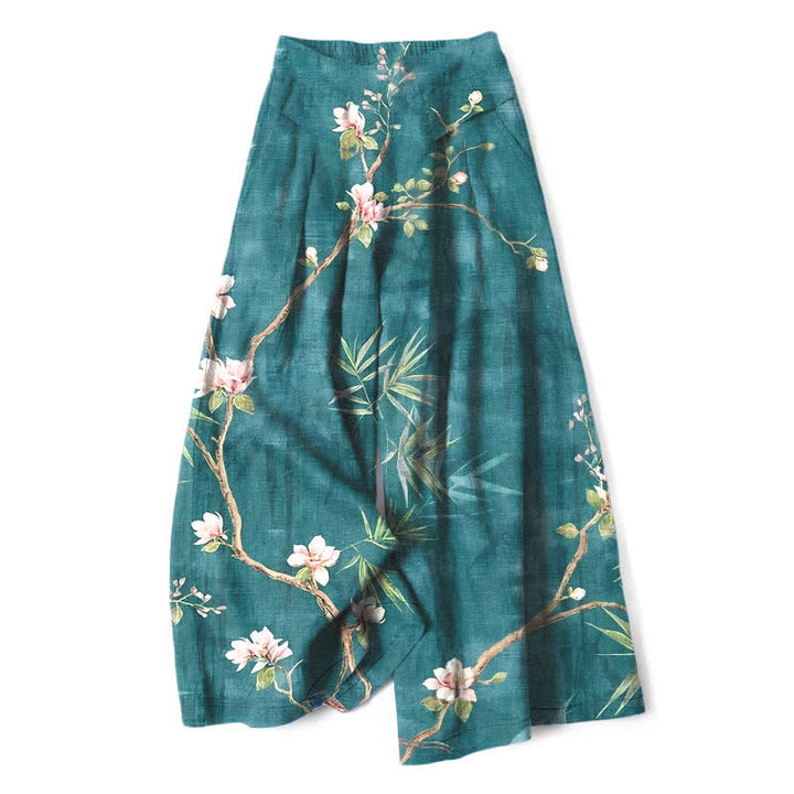 Buddha Stones Pantalon large pour femme en coton et lin, motif floral oriental rose clair, taille élastique et poches - Sarcelle - US16，UK/AU20，EU48 (3XL) - image 0