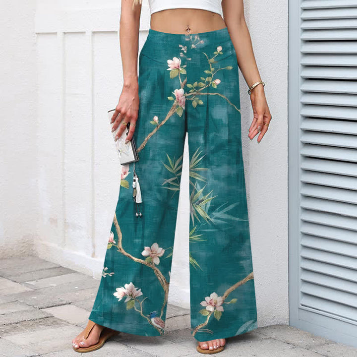 Buddha Stones Pantalon large pour femme en coton et lin, motif floral oriental rose clair, taille élastique et poches - image 1