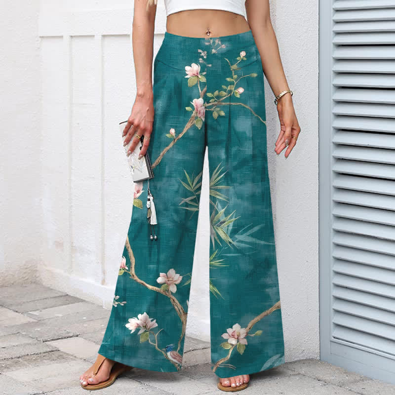 Buddha Stones Pantalon large pour femme en coton et lin, motif floral oriental rose clair, taille élastique et poches - image 1