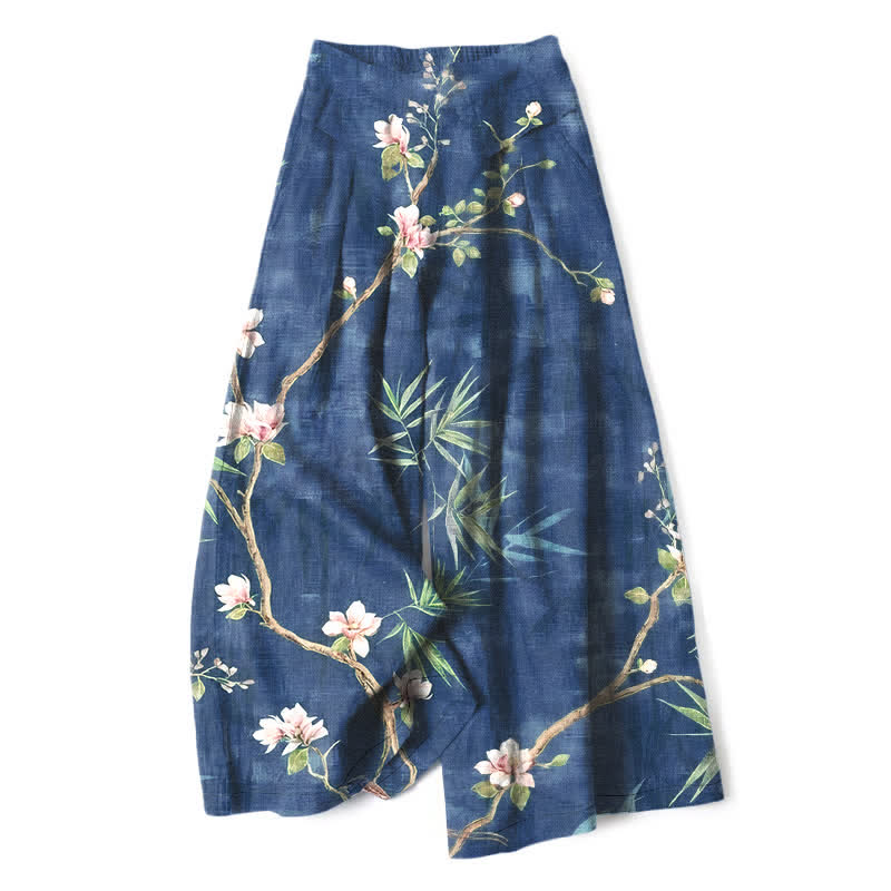 Buddha Stones Pantalon large pour femme en coton et lin, motif floral oriental rose clair, taille élastique et poches - Marine - US16，UK/AU20，EU48 (3XL) - image 4