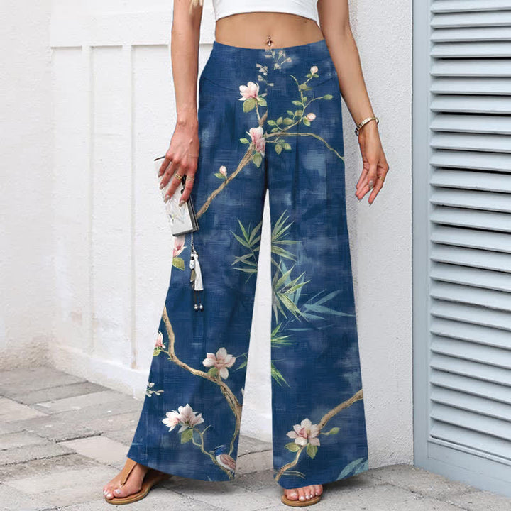 Buddha Stones Pantalon large pour femme en coton et lin, motif floral oriental rose clair, taille élastique et poches - image 5