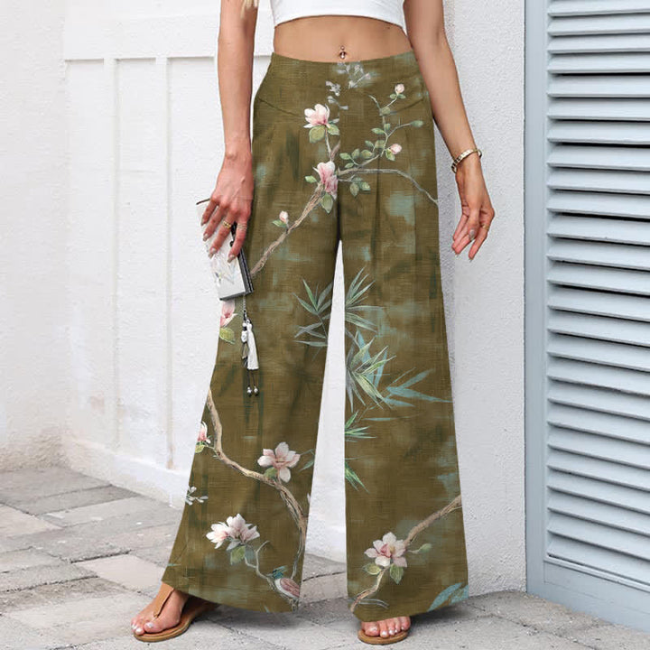 Buddha Stones Pantalon large pour femme en coton et lin, motif floral oriental rose clair, taille élastique et poches - image 7