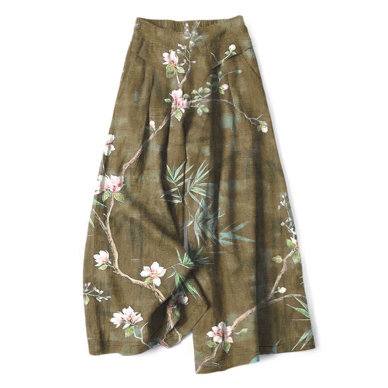 Buddha Stones Pantalon large pour femme en coton et lin, motif floral oriental rose clair, taille élastique et poches - Olive - US16，UK/AU20，EU48 (3XL) - image 6