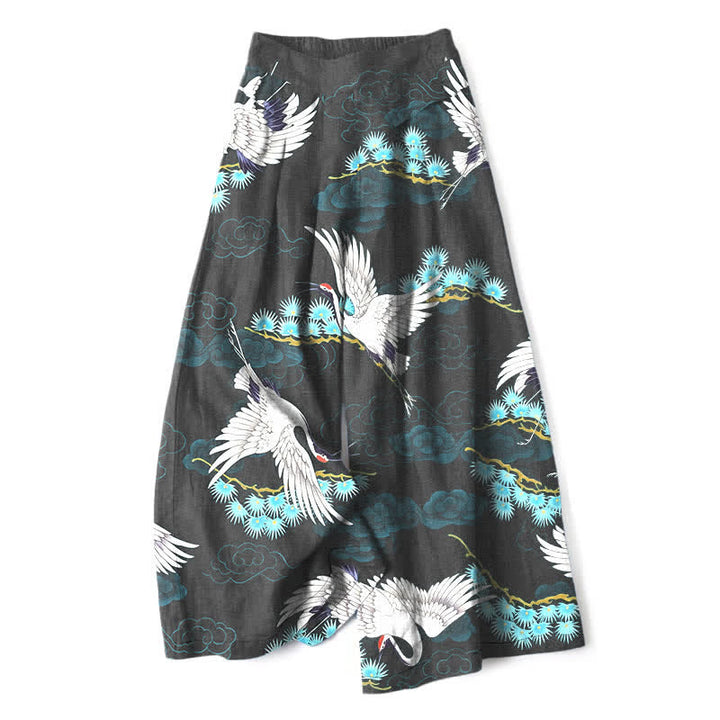Buddha Stones Pantalon large à taille élastique et poches pour femme, en coton et lin, motif grue blanche, nuages ​​de bon augure et pin - Noir - US16，UK/AU20，EU48 (3XL) - image 0