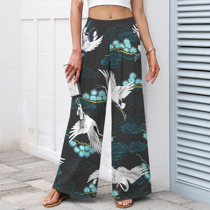Buddha Stones Pantalon large à taille élastique et poches pour femme, en coton et lin, motif grue blanche, nuages ​​de bon augure et pin - image 1