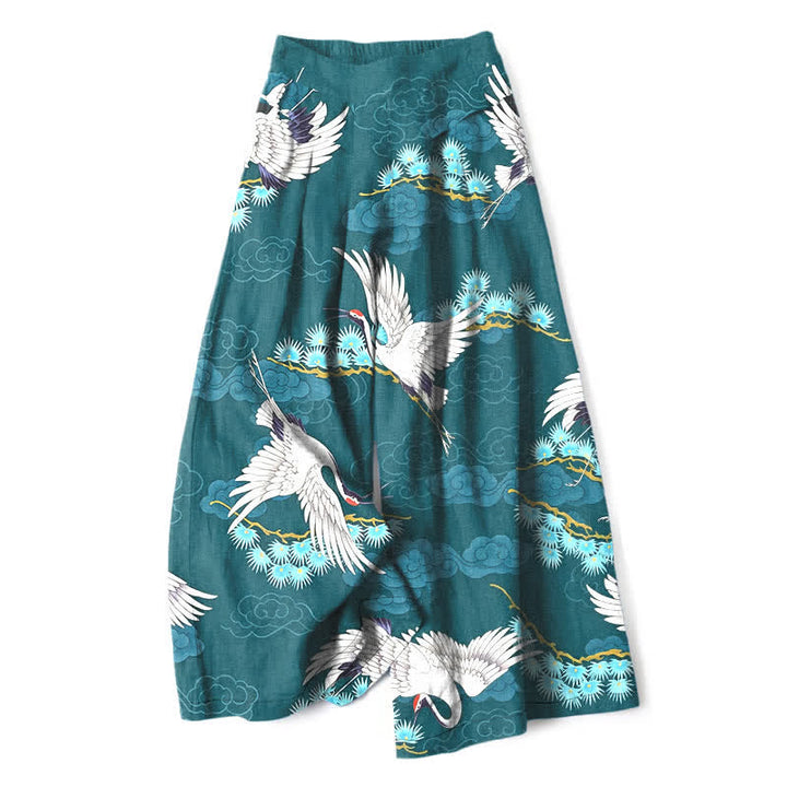 Buddha Stones Pantalon large à taille élastique et poches pour femme, en coton et lin, motif grue blanche, nuages ​​de bon augure et pin - Sarcelle - US16，UK/AU20，EU48 (3XL) - image 4