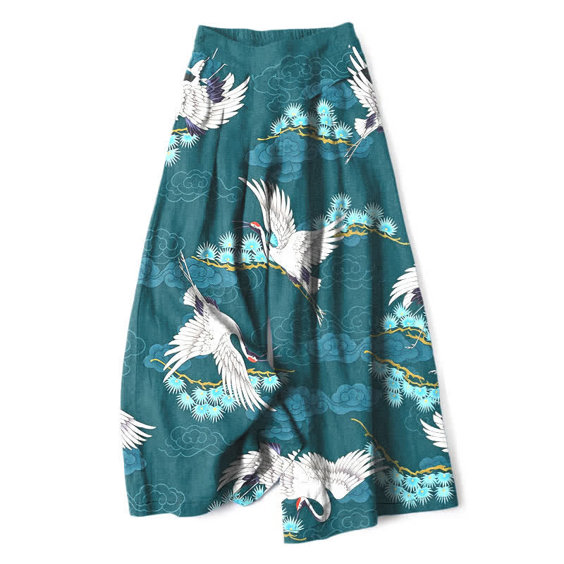 Buddha Stones Pantalon large à taille élastique et poches pour femme, en coton et lin, motif grue blanche, nuages ​​de bon augure et pin - Sarcelle - US16，UK/AU20，EU48 (3XL) - image 4