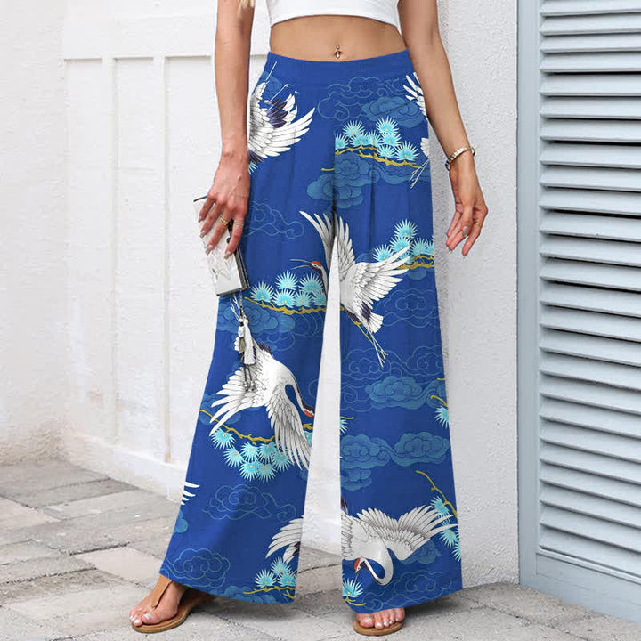 Buddha Stones Pantalon large à taille élastique et poches pour femme, en coton et lin, motif grue blanche, nuages ​​de bon augure et pin - image 7