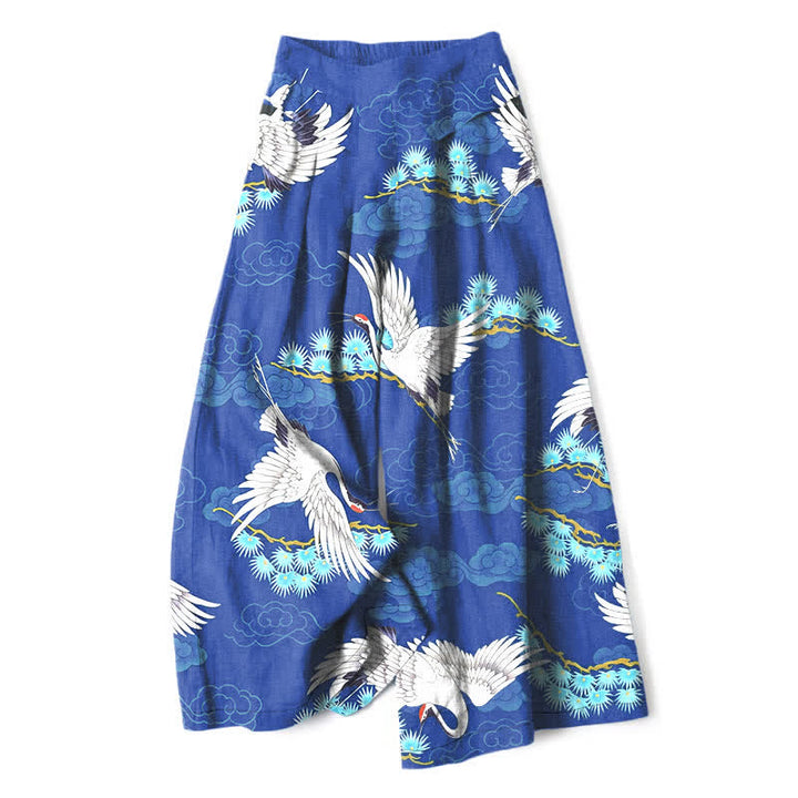 Buddha Stones Pantalon large à taille élastique et poches pour femme, en coton et lin, motif grue blanche, nuages ​​de bon augure et pin - Bleu royal - US16，UK/AU20，EU48 (3XL) - image 6