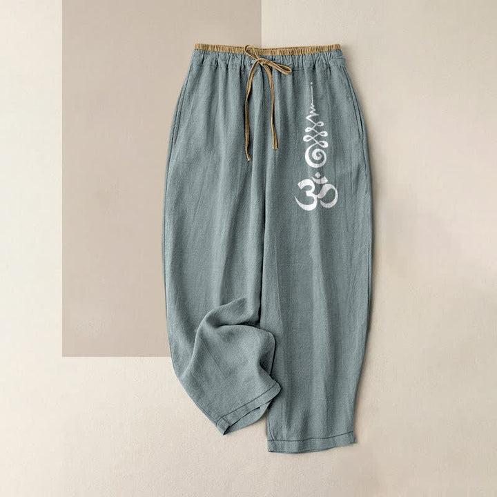 Buddha Stones Pantalon pour femme en pur coton avec motif du symbole Om, taille élastique et poches - CadetBlue - US16，UK/AU20，EU48 (3XL) - image 4