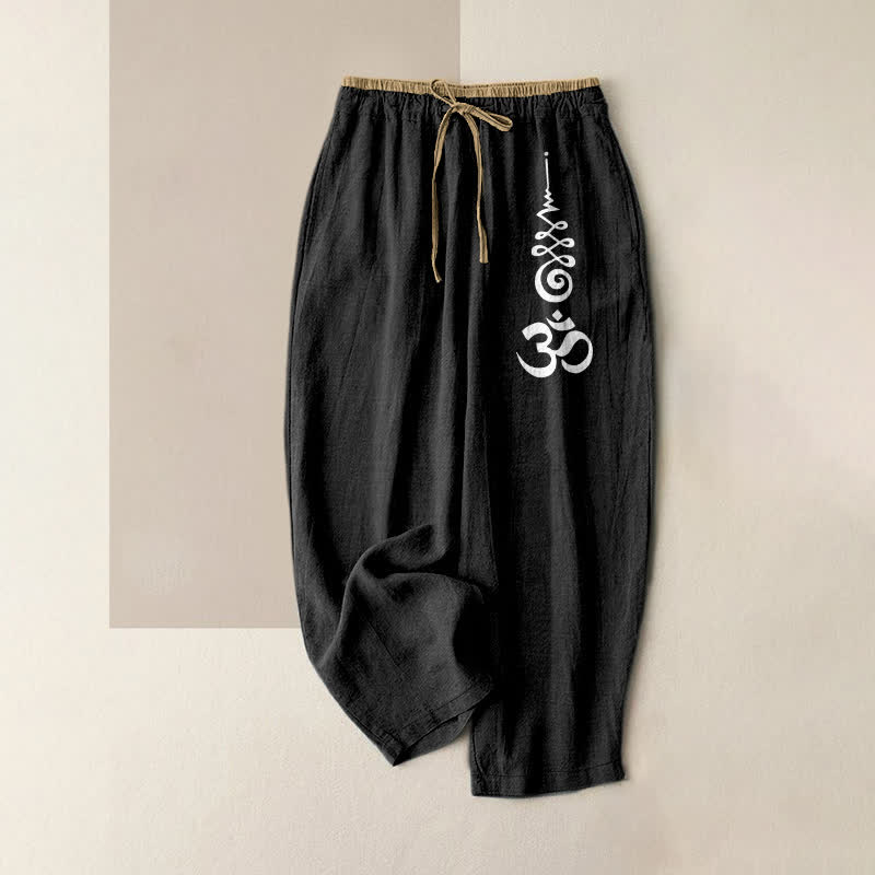 Buddha Stones Pantalon pour femme en pur coton avec motif du symbole Om, taille élastique et poches - Noir - US16，UK/AU20，EU48 (3XL) - image 0