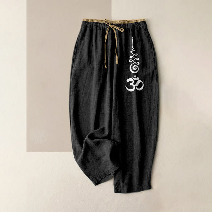 Buddha Stones Pantalon pour femme en pur coton avec motif du symbole Om, taille élastique et poches - Noir - US16，UK/AU20，EU48 (3XL) - image 0