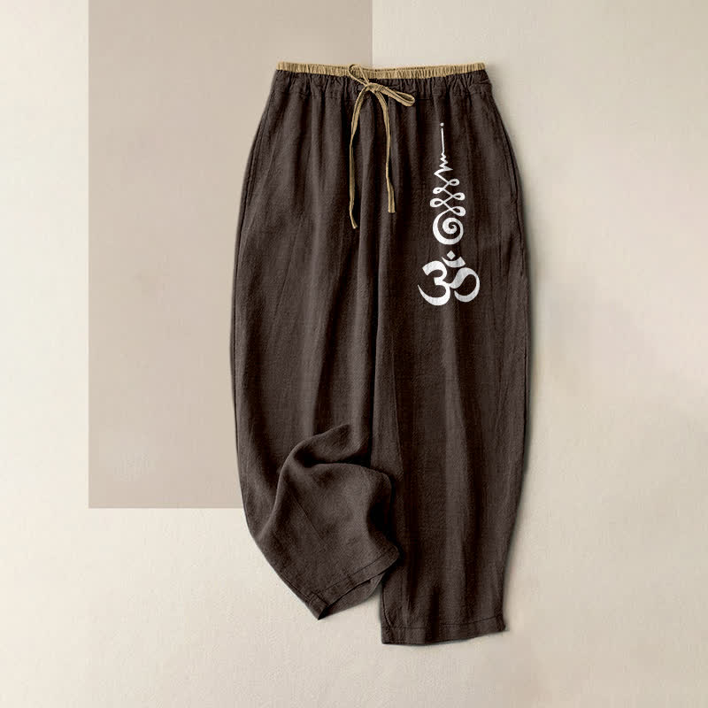 Buddha Stones Pantalon pour femme en pur coton avec motif du symbole Om, taille élastique et poches - SaddleBrown - US16，UK/AU20，EU48 (3XL) - image 8