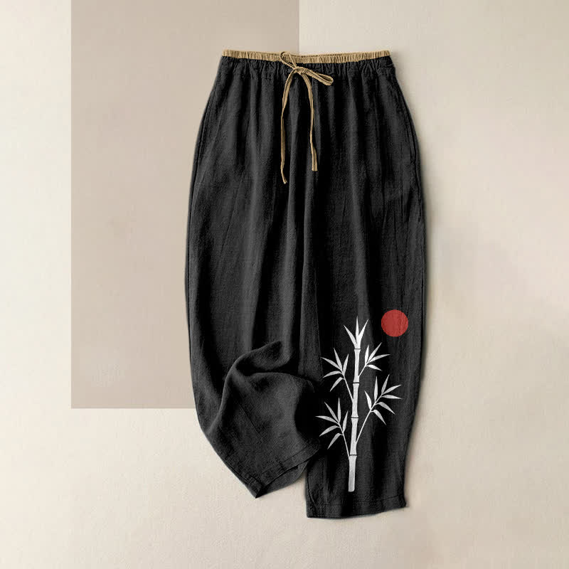 Buddha Stones Pantalon en coton à motif bambou zen et taille élastique avec poches pour femme - Noir - US16，UK/AU20，EU48 (3XL) - image 0