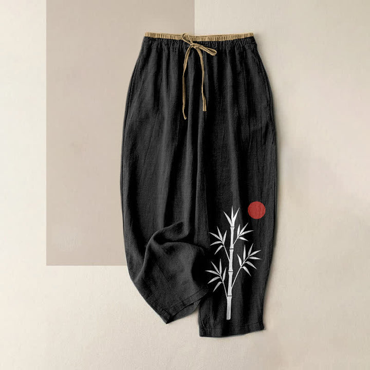 Buddha Stones Pantalon en coton à motif bambou zen et taille élastique avec poches pour femme - Noir - US16，UK/AU20，EU48 (3XL) - image 0