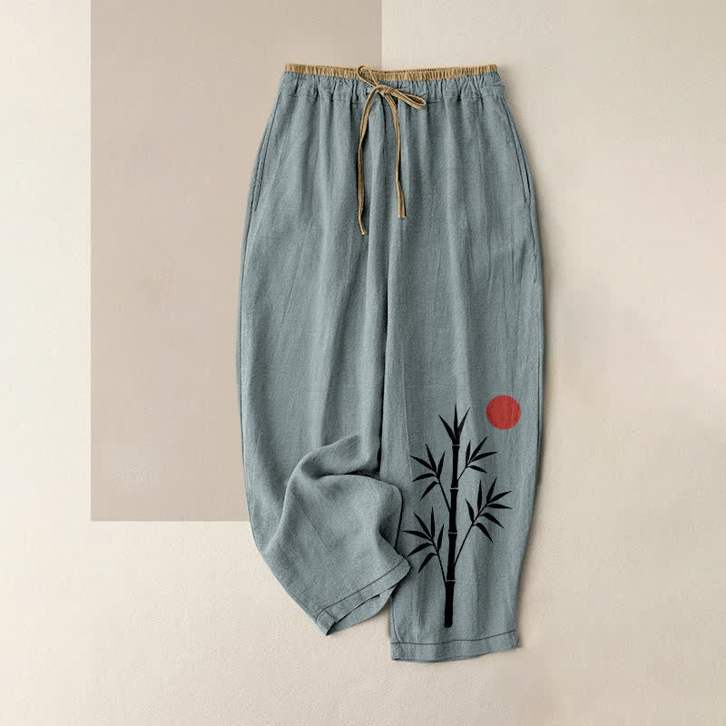 Buddha Stones Pantalon en coton à motif bambou zen et taille élastique avec poches pour femme - CadetBlue - US16，UK/AU20，EU48 (3XL) - image 8