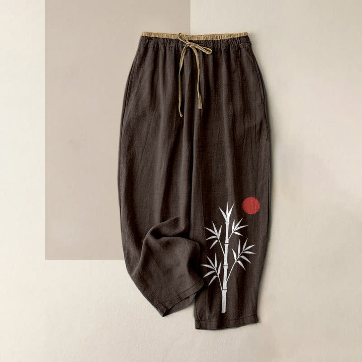 Buddha Stones Pantalon en coton à motif bambou zen et taille élastique avec poches pour femme - SaddleBrown - US16，UK/AU20，EU48 (3XL) - image 4